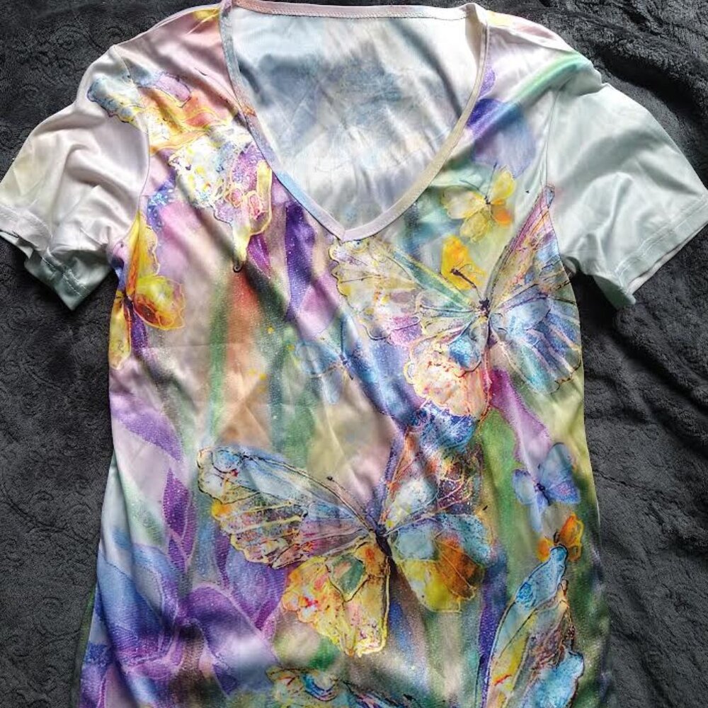 Multi-colored Silky T-Shirt for Women Butterfly Print Design